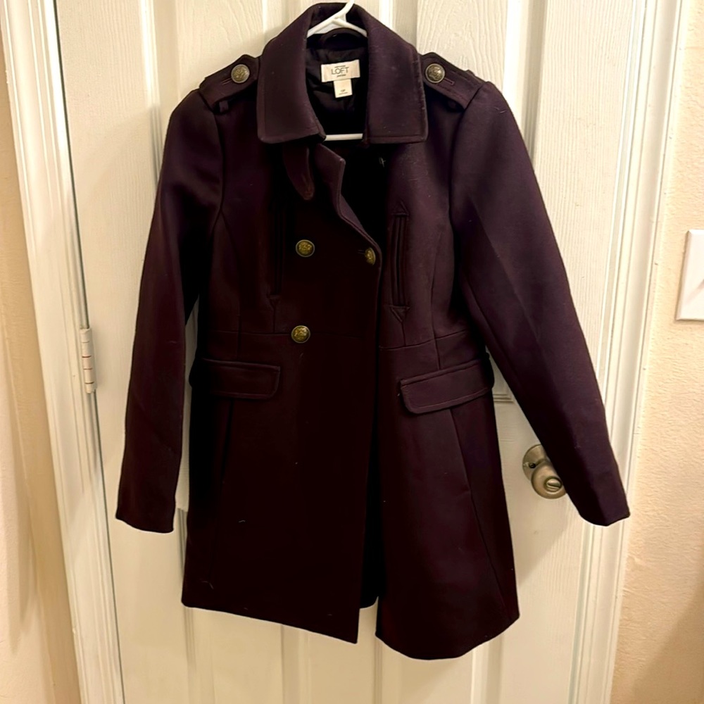 Lightly warm plum pea coat from Ann Taylor Loft. Size 0 petite.